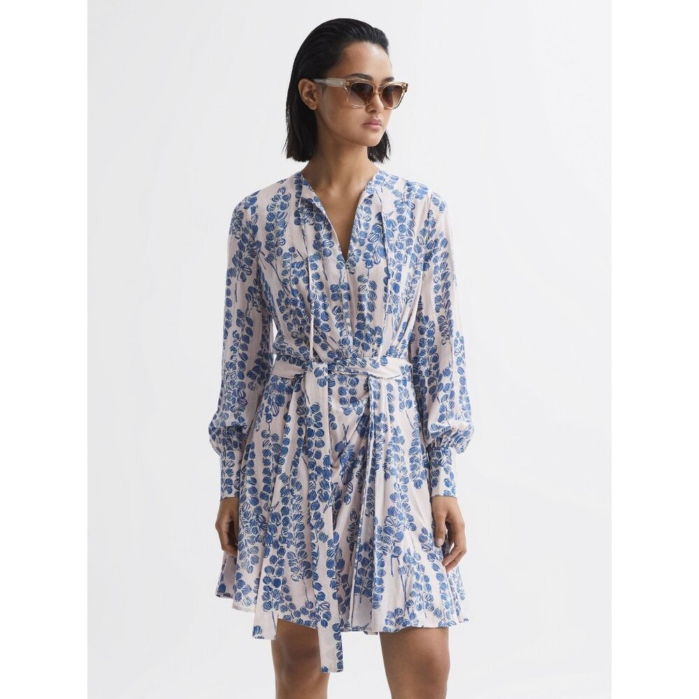 REISS MARNIE PRINTED BELTED LONG SLEEVE MINI DRESS IN PINK/BLUE SIZE 2